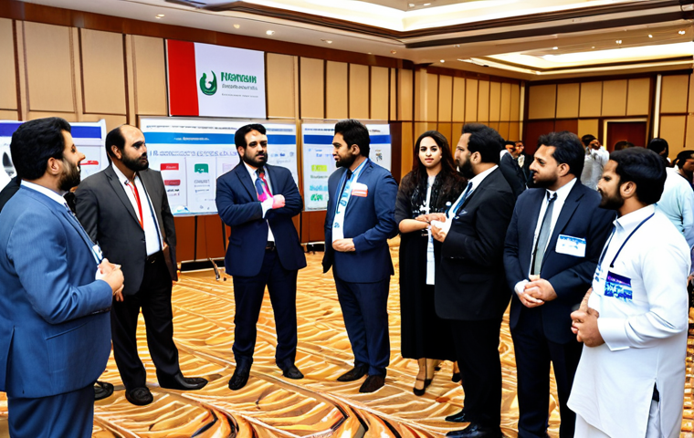 Regulatory Compliance Professional**
* **Prompt:** A diverse group of professionals networking at a regulatory compliance conference in Pakistan. Emphasize modern attire, name badges, and an energetic atmosphere. The background includes a modern conference hall with Urdu banners and displays.
**