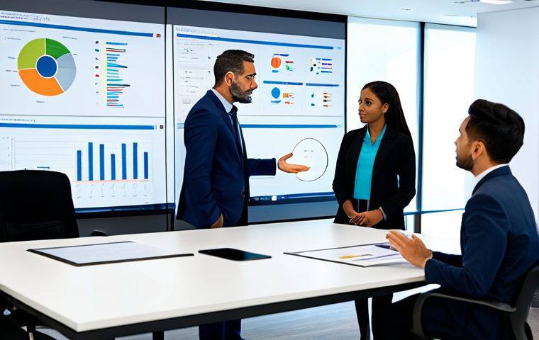 A professional female compliance officer, mid-30s, dressed in a modest business suit, standing in a contemporary, open-plan office. She is looking intently at a large, transparent digital display showing dynamic charts and flowing data streams, symbolizing continuous regulatory updates and adaptation. The background features other diverse, fully clothed professionals working diligently. The atmosphere is collaborative and forward-thinking. Perfect anatomy, correct proportions, natural pose, well-formed hands, proper finger count. Professional photography, high resolution, soft studio lighting, safe for work, appropriate content, fully clothed, professional, modest.