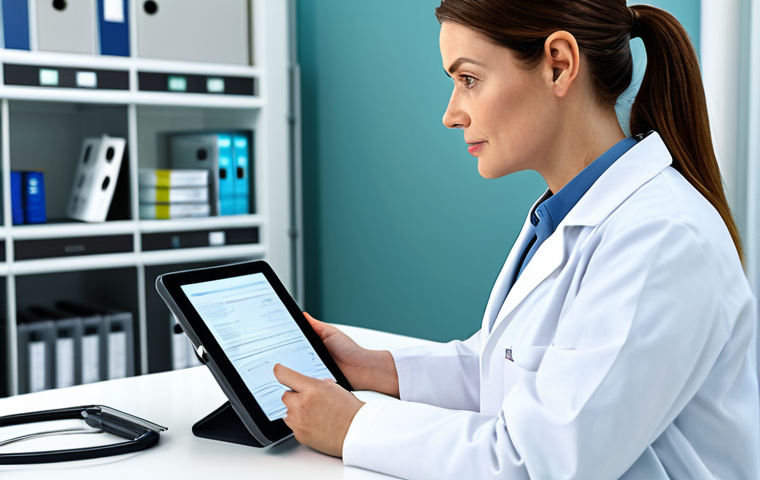**
"A professional female doctor in a clean, modern hospital office. She is wearing a fully clothed lab coat and holding a tablet, reviewing patient information. The environment is bright and sterile with medical equipment visible in the background. Safe for work, appropriate content, professional, fully clothed, perfect anatomy, natural proportions, high resolution."
**